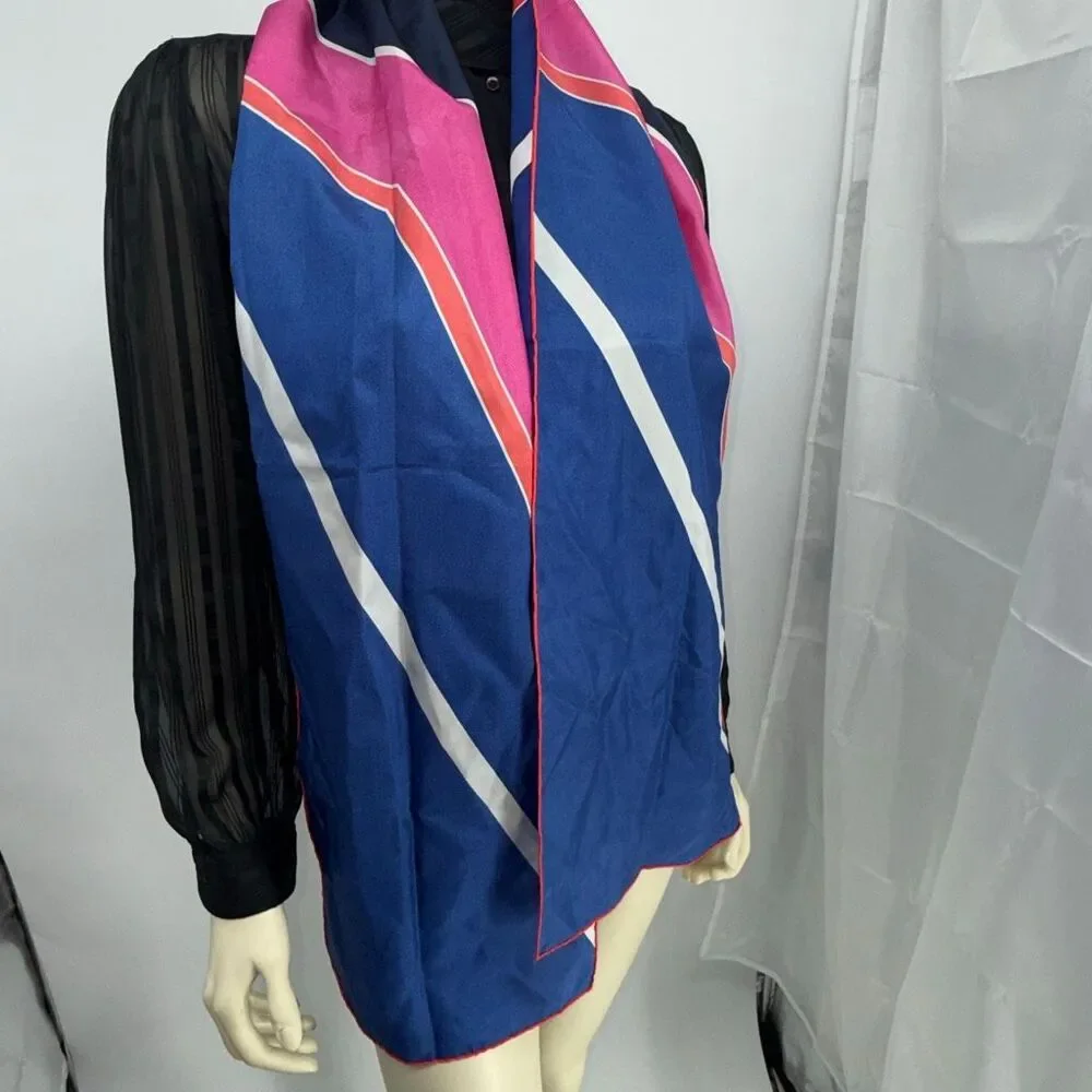 Vintage 80s Oblong Scarf 67x11 Pink Blue Red Stripe Colorblock Mod Long Neck Wra